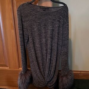 Boston Proper Heather Gray Long Sleeve Top with Faux Fur Cuffs